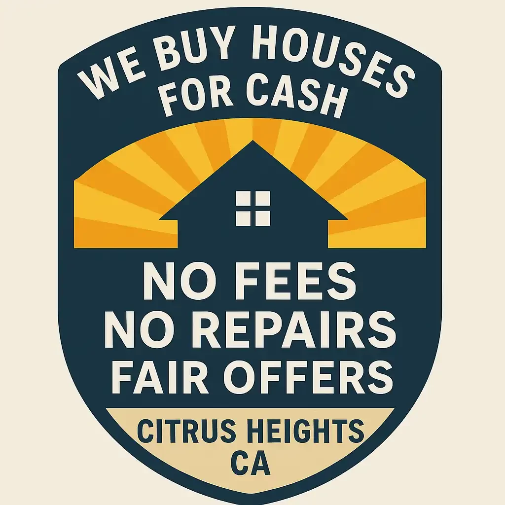Shield-shaped trust badge with a sunburst and house icon promoting R&H Distressed Properties. Text highlights We Buy Houses Citrus Heights with promises of No Fees, No Repairs, and Fair Offers, designed to help homeowners who want to sell my house fast Citrus Heights.