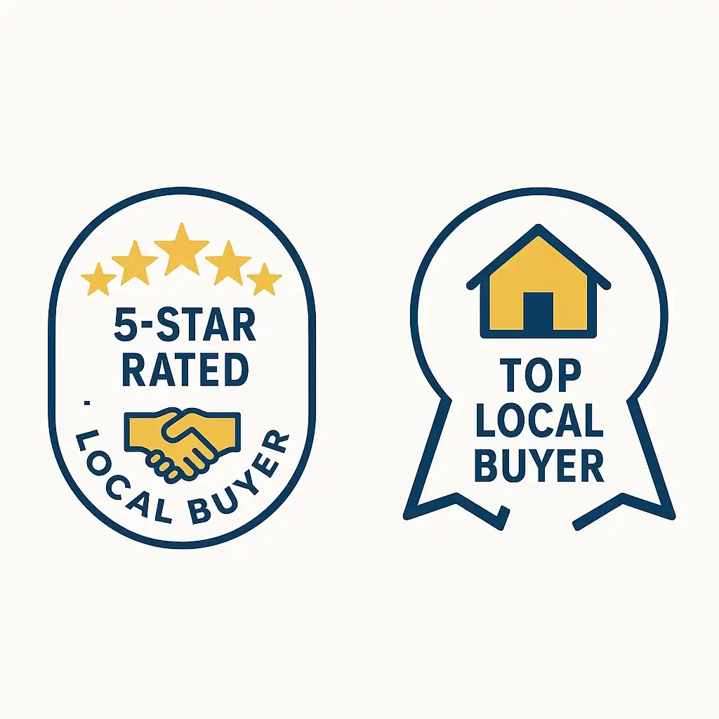 Two circular trust icons for R&H Distressed Properties in Elk Grove CA. One badge reads 5-Star Rated Local Buyer with five gold stars, and the other reads Top Local Buyer with a house silhouette. Designed to build credibility for homeowners searching sell my house fast Elk Grove and we buy houses Elk Grove.