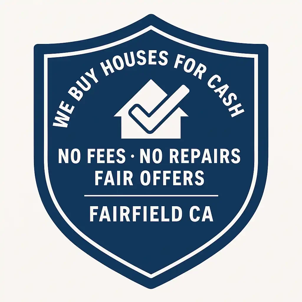 Shield-shaped trust badge for R&H Distressed Properties with text reading We Buy Houses for Cash, No Fees, No Repairs, Fair Offers, and Fairfield CA. Designed to build credibility for homeowners searching sell my house fast Fairfield CA and we buy houses Fairfield.