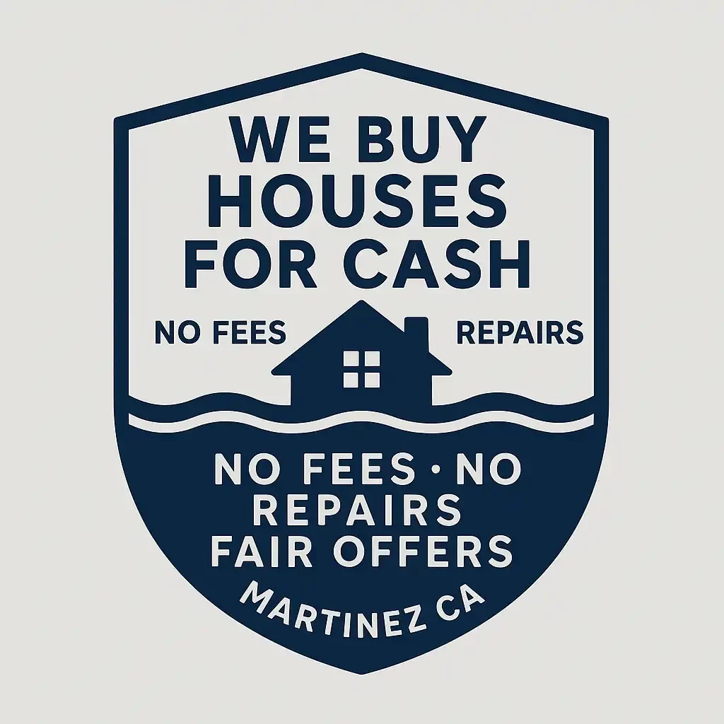 Shield-shaped trust badge with a waterfront wave motif and house icon, featuring the text We Buy Houses for Cash, No Fees, No Repairs, Fair Offers, and Martinez CA. Designed for homeowners searching sell my house fast Martinez CA and we buy houses Martinez.