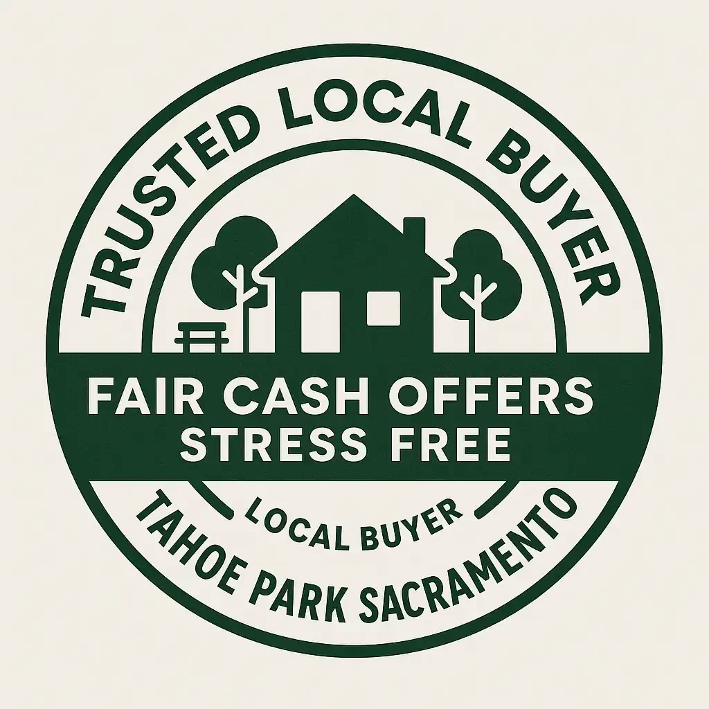 Circular trust badge with a house, trees, and park bench symbolizing Tahoe Park Sacramento. Text reads Trusted Local Buyer, Fair Cash Offers, Stress Free, and Local Buyer, highlighting services for homeowners searching sell my house fast Tahoe Park and we buy houses Tahoe Park.