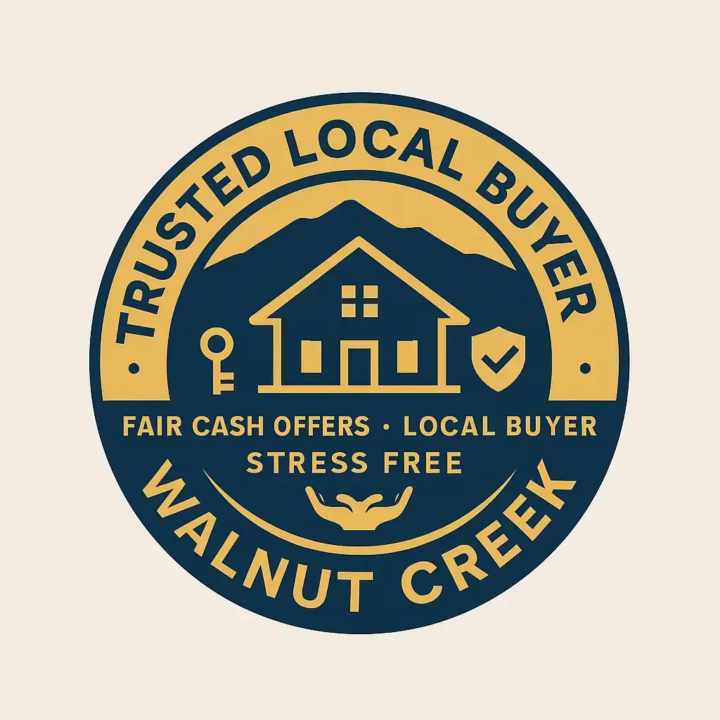 Trusted Local Buyer Walnut Creek circular badge featuring a house, Mount Diablo silhouette, key, shield, and hands icons. Emblem highlights Fair Cash Offers, Local Buyer, Stress Free, promoting sell my house fast Walnut Creek CA and we buy houses Walnut Creek CA.
