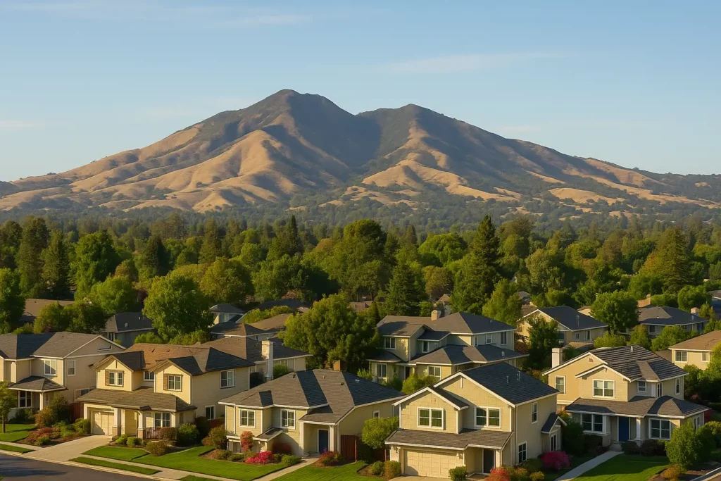 Scenic view of Mount Diablo rising behind suburban Walnut Creek neighborhoods with tree-lined streets and family homes, symbolizing community pride and trust for homeowners looking to sell your house fast in Walnut Creek CA and those interested in selling a Walnut Creek home.