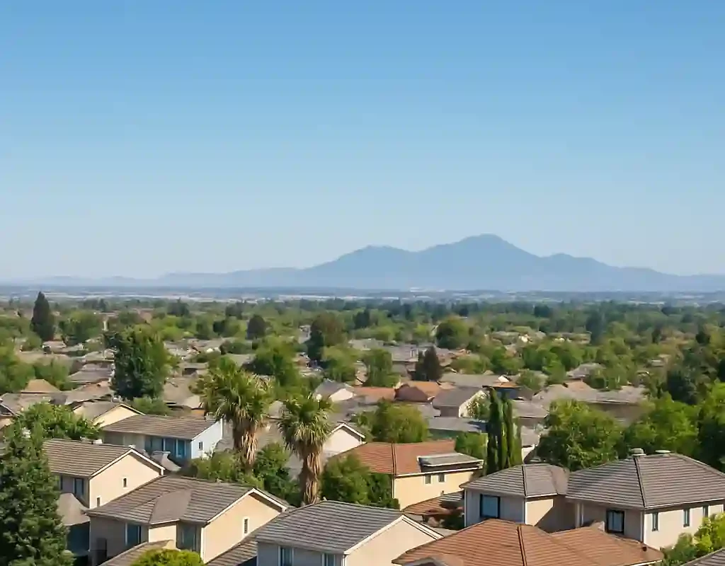 We buy houses Oakley CA – panoramic view of Oakley California neighborhood with homes, green yards, and Mount Diablo in the distance, local cash home buyers.