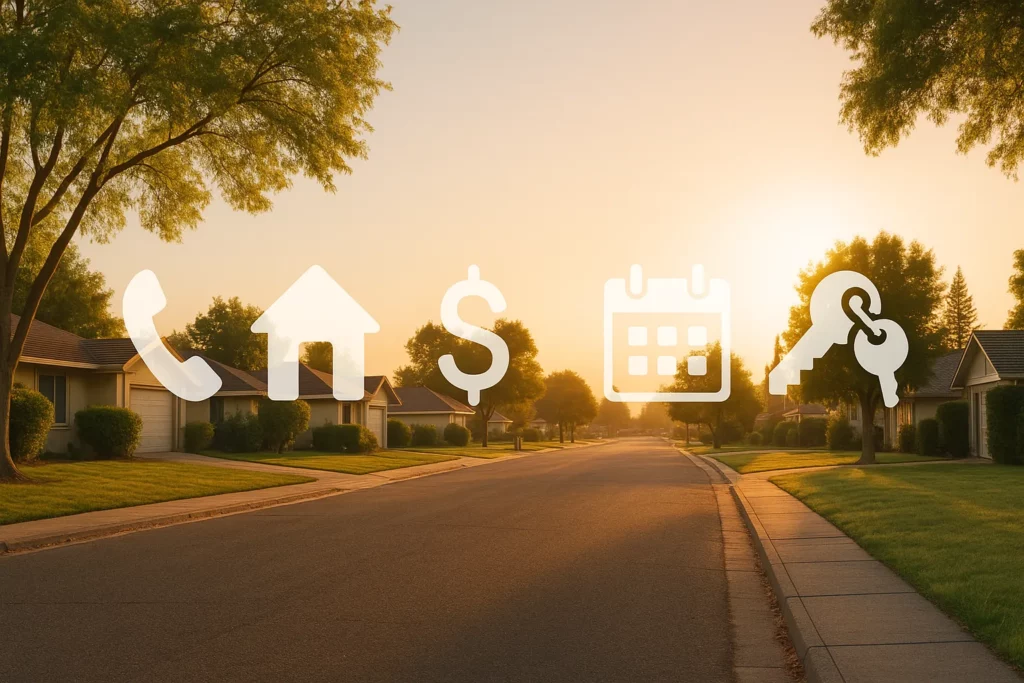 Cash Offer Process Rio Linda CA – peaceful suburban street at sunrise with five transparent icons floating above: phone, house, dollar sign, calendar, and keys, symbolizing each step of the simple home-selling process with R&H Distressed Properties.