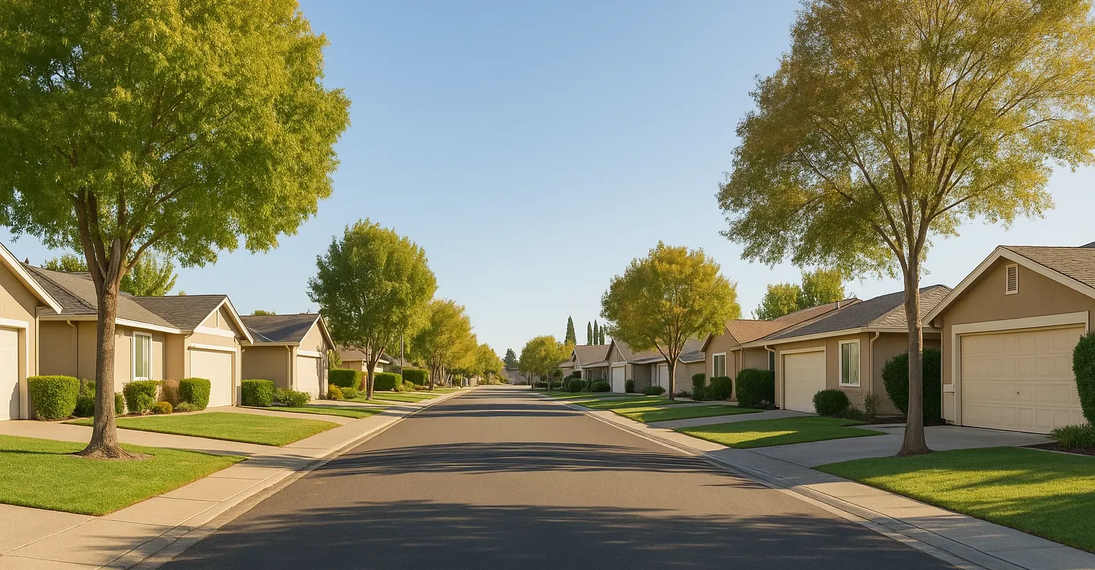 Sell My House Fast Antelope CA – peaceful suburban street lined with single-story homes, mature trees, and clear blue skies representing calm, community, and everyday California living.