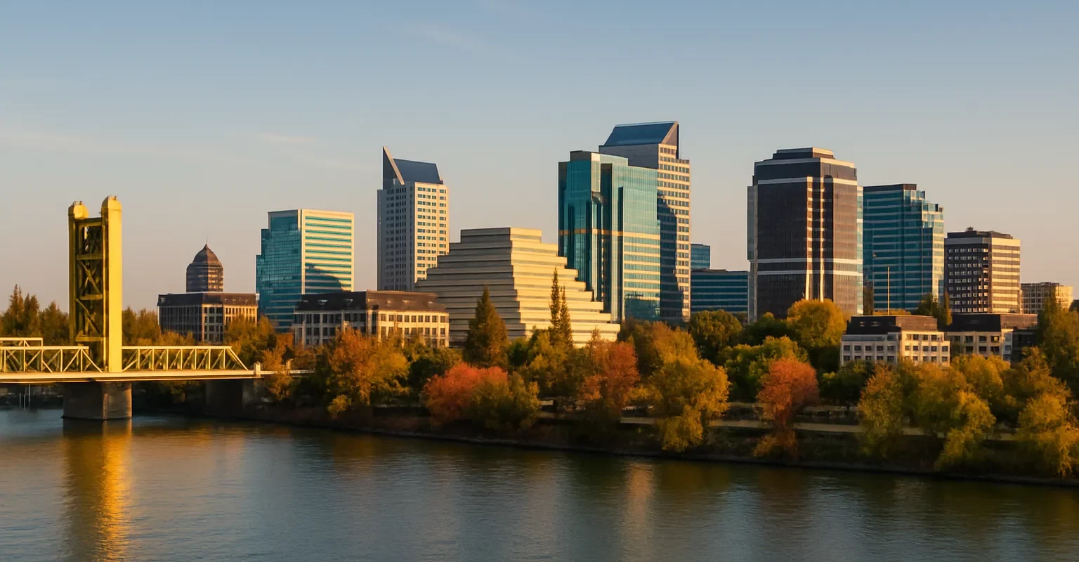 Skyline view of Folsom California at sunset with Folsom Lake and surrounding hills, used for a sell my house fast Folsom CA landing page.