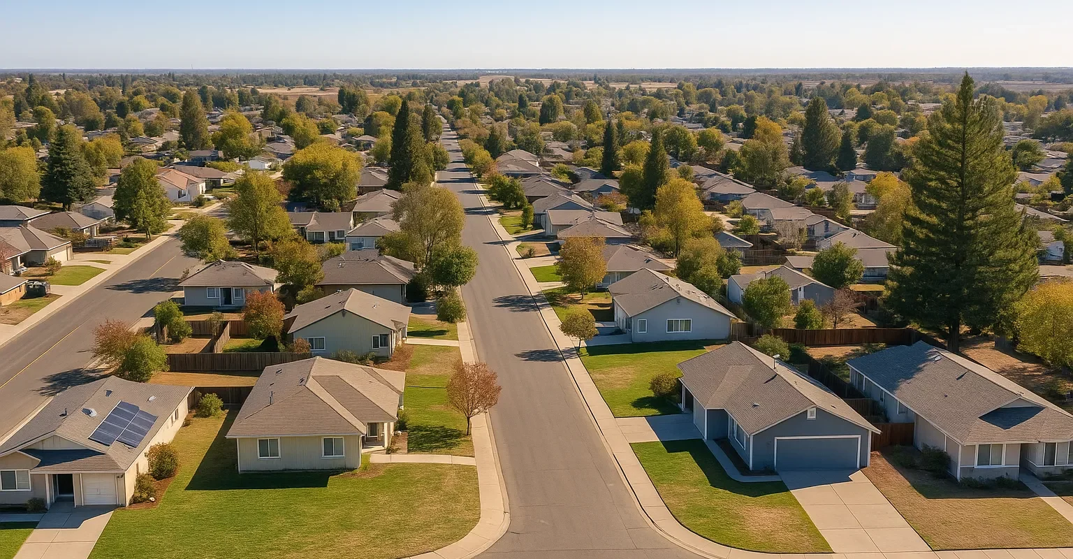 Sell My House Fast Rio Linda CA – aerial view of Rio Linda neighborhoods with single-story homes, tree-lined streets, and open fields under a clear blue sky representing local community and small-town California charm.