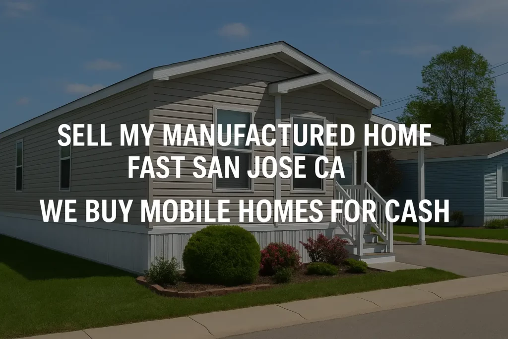 Image of a San Jose mobile home park with a beige manufactured home under clear skies. Overlay text reads “Sell My Manufactured Home Fast San Jose CA – We Buy Mobile Homes for Cash,” representing R&H Distressed Properties, a local cash home buyer.