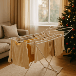 Holiday laundry air drying on rack inside home, demonstrating energy saving tips for California homeowners