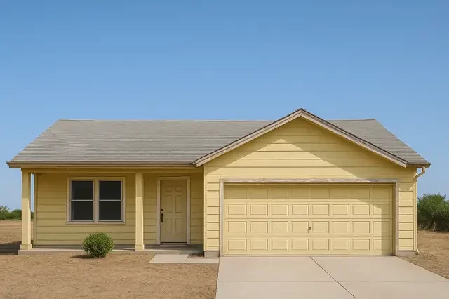 Sell my house fast Sacramento CA mage showing a dated white ranch-style home with a light gray roof, two-car garage, simple concrete driveway, minimal landscaping, and bright blue sky