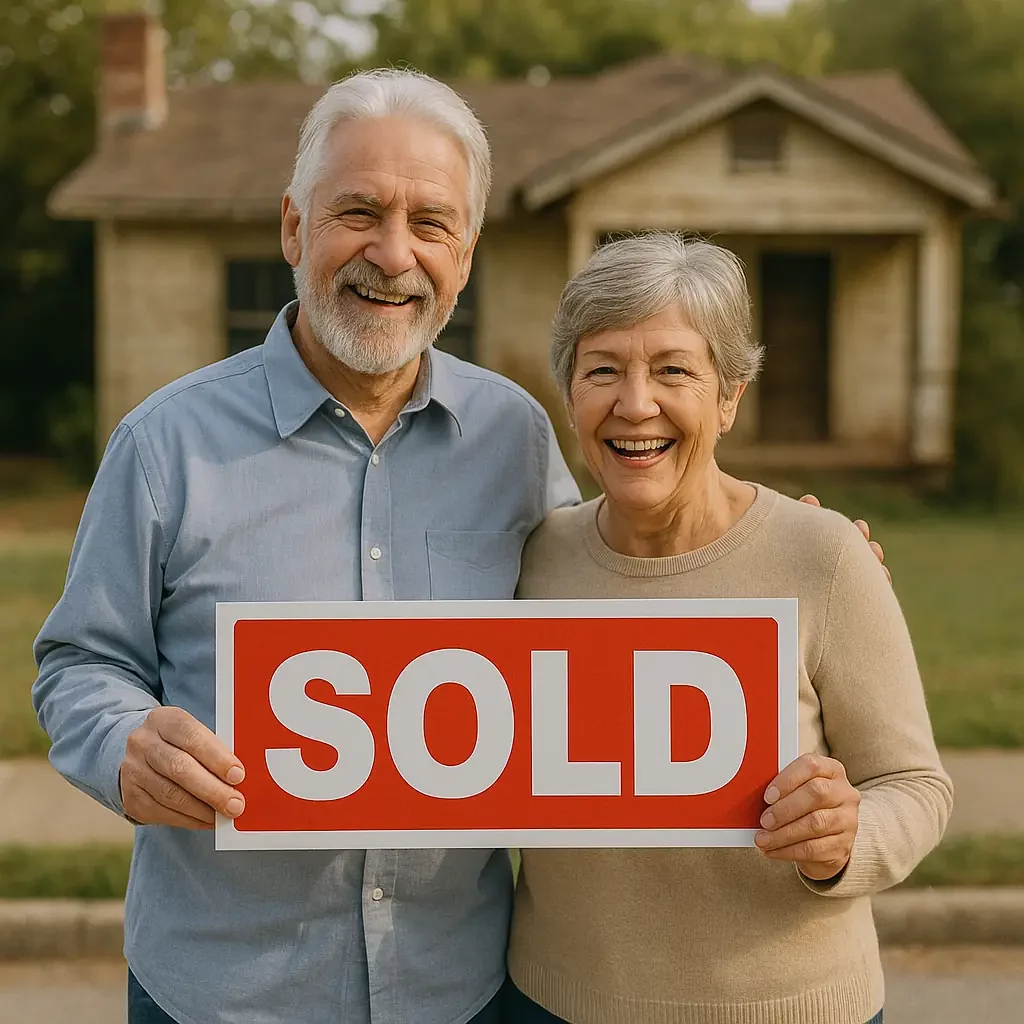 Sell my house fast in Auburn CA happy older homeowners holding a sold sign in front of their slightly distressed home
