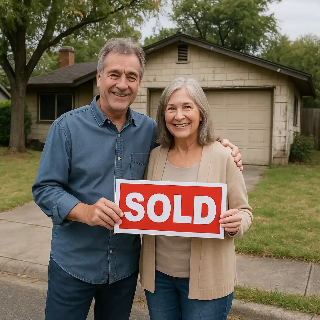 Sell my house fast Fair Oaks CA happy older homeowners holding a sold sign in front of their slightly distressed home