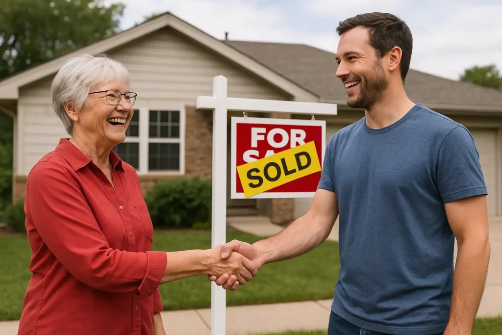 Sell my house fast in Rancho Cordova CA as a homeowner and cash buyer shake hands in front of a house with a yellow sold sign
