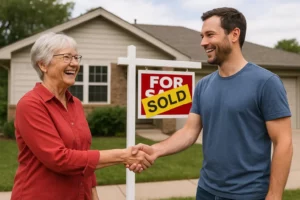 Sell my house fast in Rancho Cordova CA as a homeowner and cash buyer shake hands in front of a house with a yellow sold sign