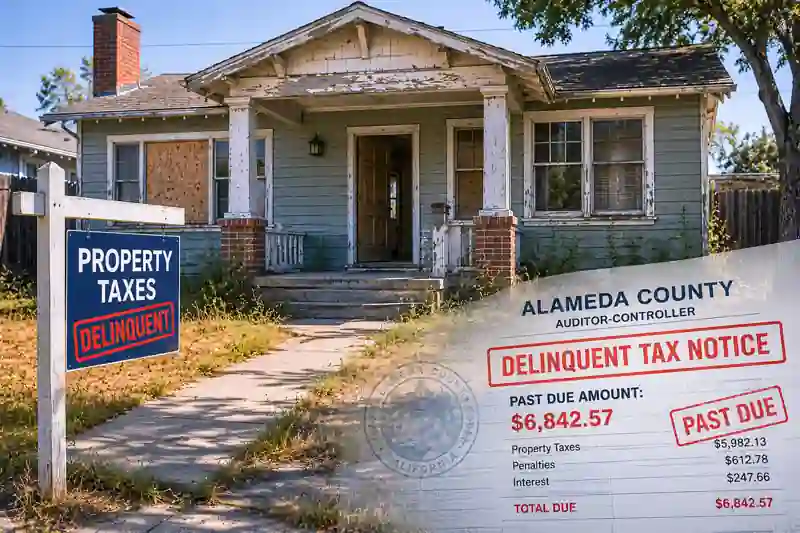 Vacant distressed Alameda County fixer upper house with delinquent property tax notice overlay showing overdue property taxes and an as-is cash home sale situation.