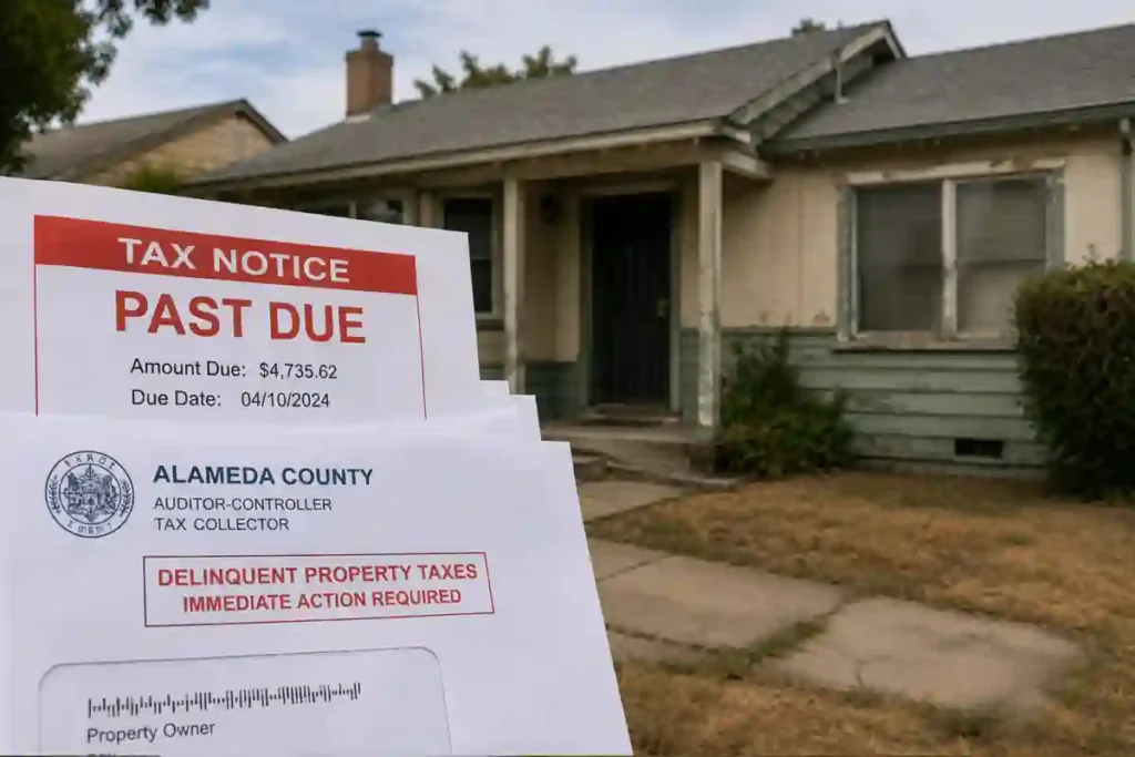 Delinquent Alameda County property tax notice in front of a dated California fixer upper house showing a homeowner facing overdue property taxes and selling a house as-is for cash.