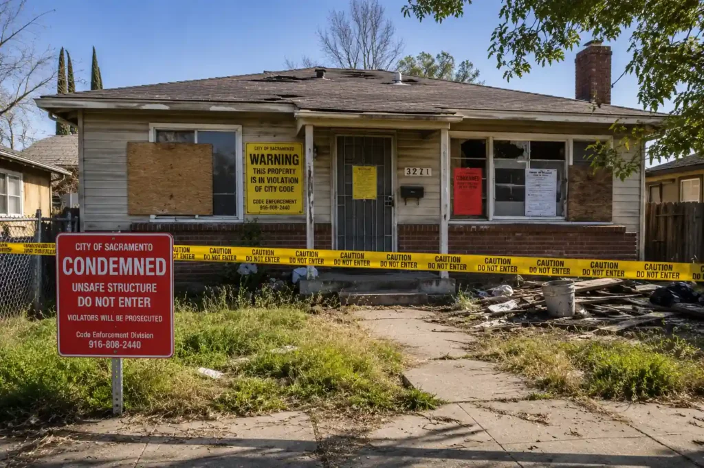 Condemned house in Sacramento California with boarded windows, city code enforcement notices, caution tape, overgrown yard, and unsafe property warning signs outside a distressed home.