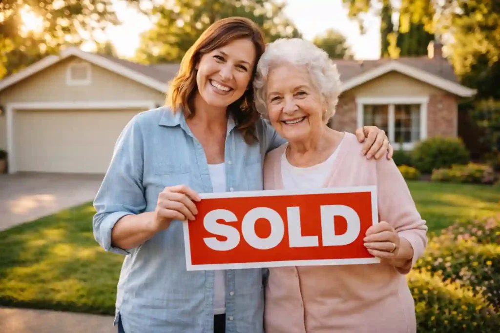 Smiling adult daughter and elderly mother holding a SOLD sign in front of their Sacramento home, celebrating the sale to pay for assisted living or senior care.
