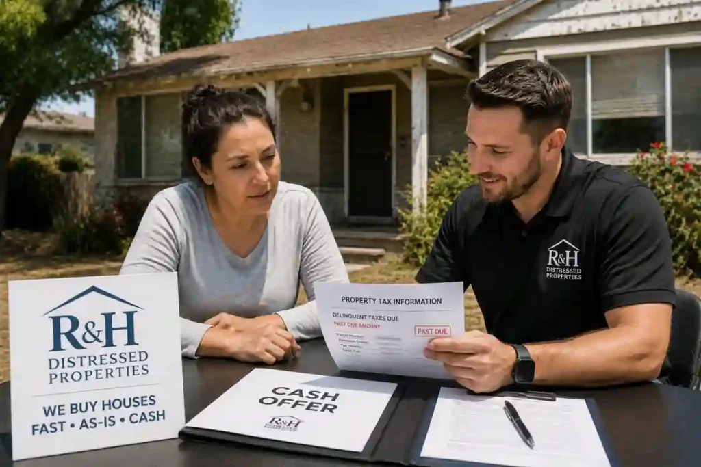 Homeowner reviewing delinquent property tax paperwork with R&H Distressed Properties outside a dated Alameda County fixer upper house while selling a property with tax problems as-is for cash.