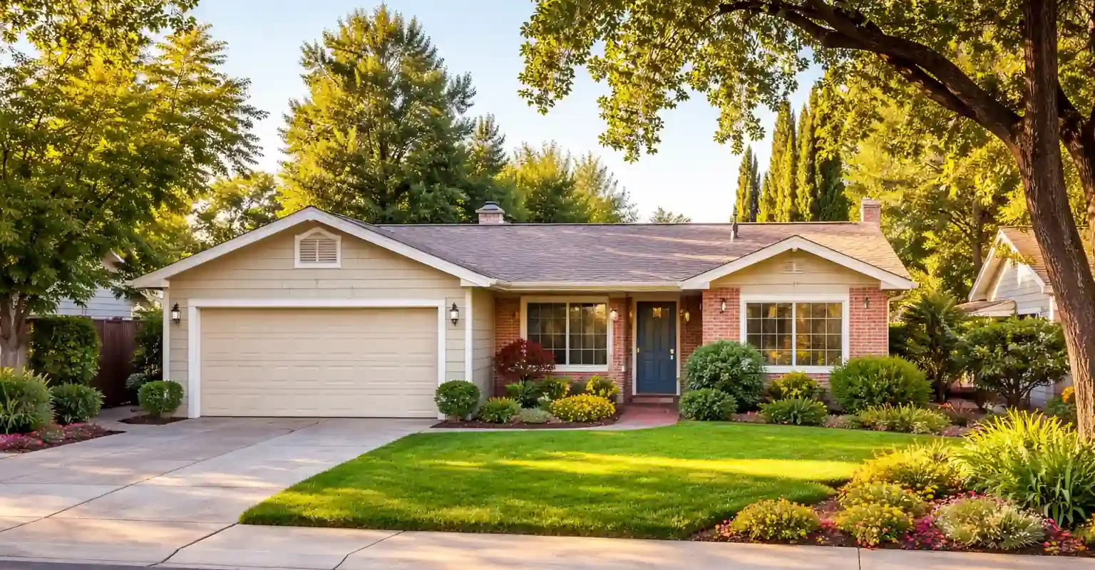 Exterior of a typical Sacramento home with front porch and lawn, representing a property sold to pay for assisted living or senior care expenses.