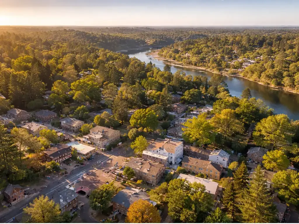 Aerial view of Fair Oaks, California, showing residential neighborhoods ideal for selling rental properties as-is with tenants in place