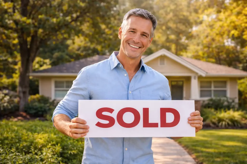 Middle-aged man holding a SOLD sign in front of his Fair Oaks, CA home after selling a rental property as-is