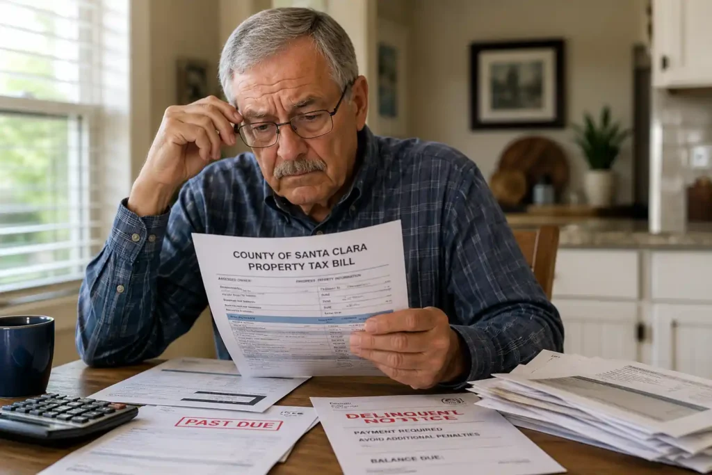 Older Santa Clara County homeowner reviewing delinquent property tax paperwork and past due notices while looking for options to avoid tax default or tax sale.