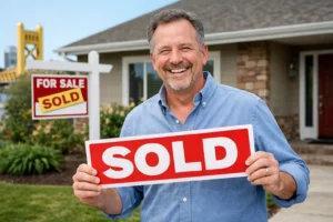 Sacramento landlord holding sold sign after selling rental property fast for cash.