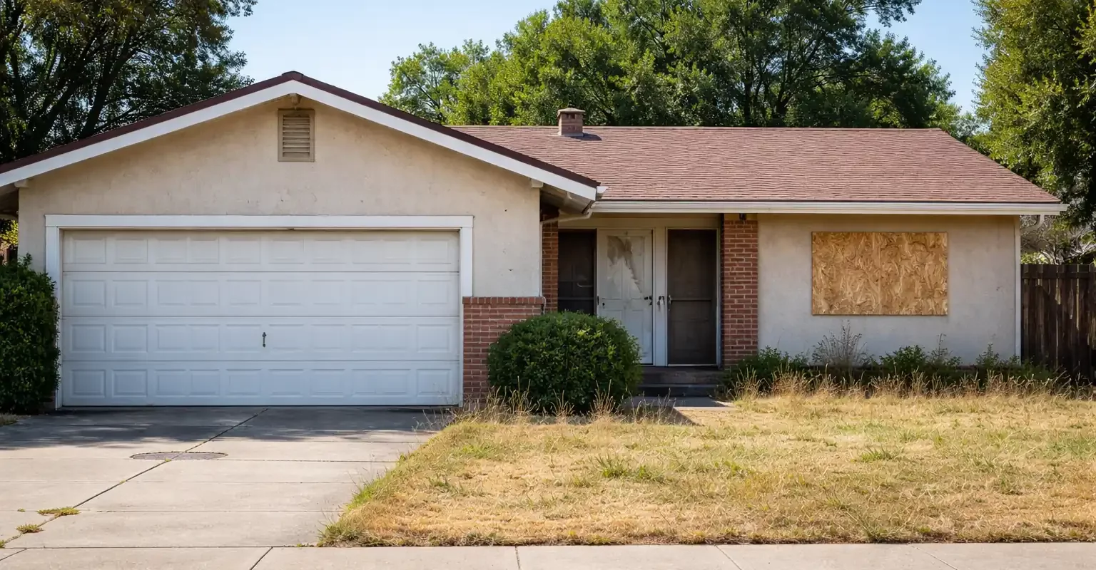 House with squatters in Sacramento CA with boarded window and overgrown yard