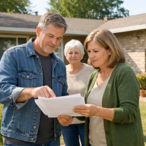 Adult siblings reviewing inheritance paperwork outside a Sacramento ranch style home while discussing selling the inherited property to R&H Distressed Properties for a fast cash sale.