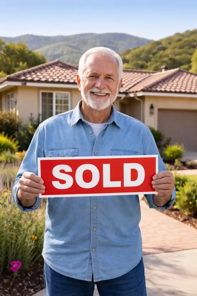 Older Morgan Hill homeowner holding a red sold sign in front of his house after selling fast for cash