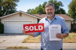 Sacramento homeowner holding sold sign after selling house with squatters