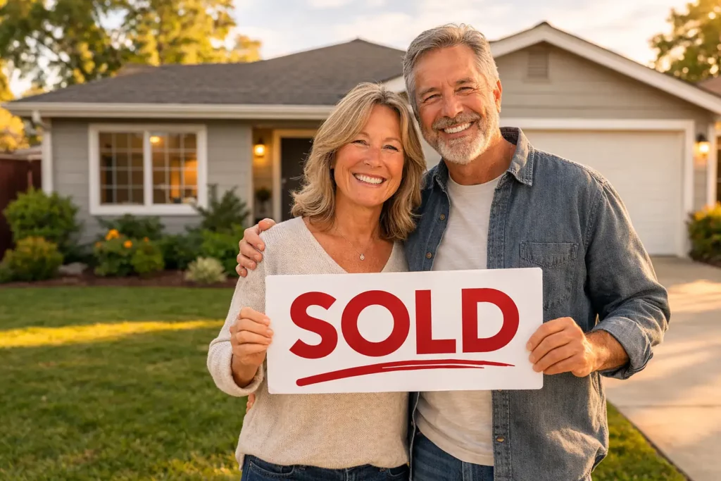 Happy homeowners holding a sold sign after selling their house quickly to R&H Distressed Properties