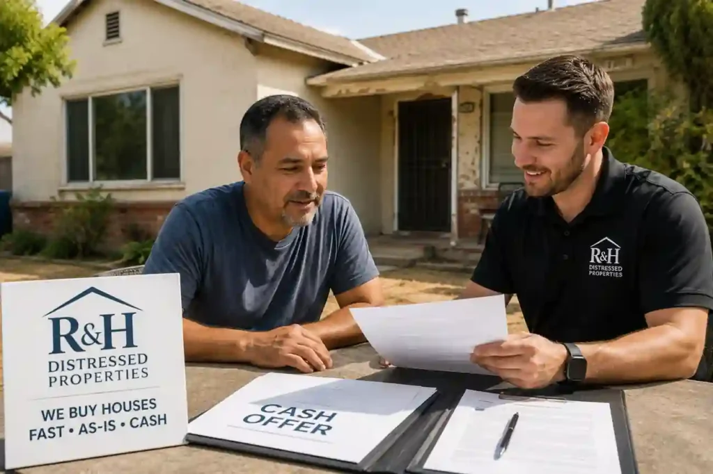 Homeowner reviewing a cash offer with R&H Distressed Properties outside a dated California fixer upper after job loss