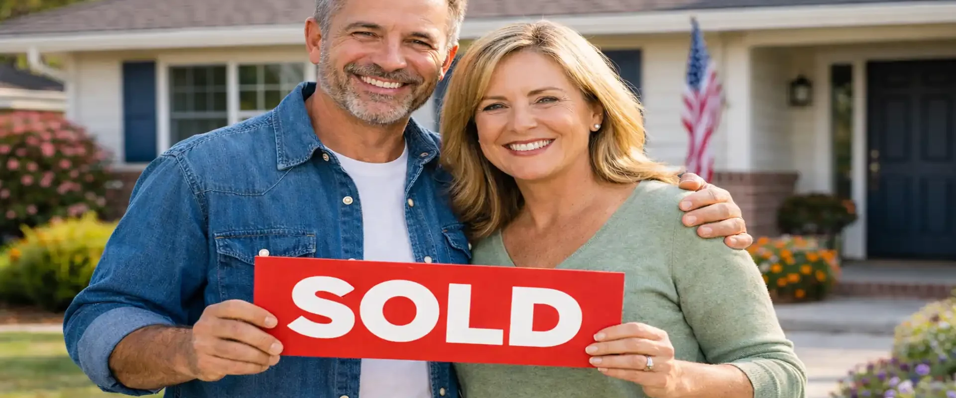 happy sacramento homeowners holding a red sold sign after selling their house fast to a local cash home buyer