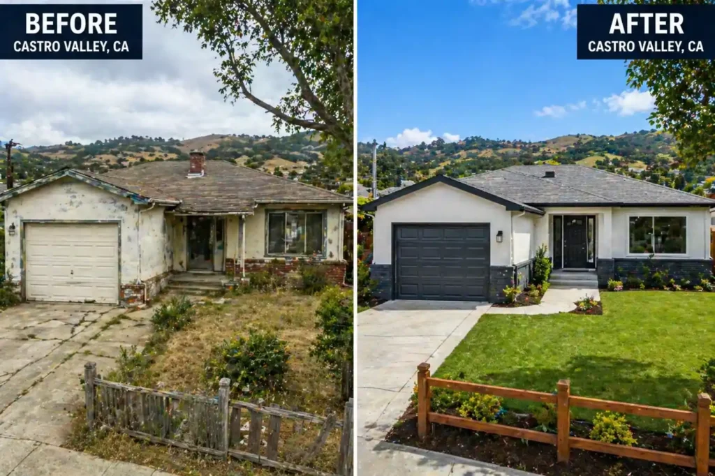before and after of a castro valley ca house sold as is through a sell my house fast cash buyer showing full property transformation