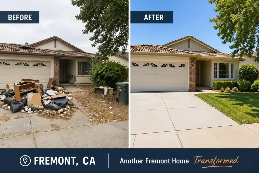 Before and after of a fremont ca house sold as is to a local cash home buyer showing property transformation