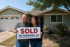 happy fremont ca homeowner holding sold sign in front of older house after sell my house fast