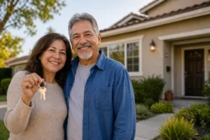 happy homeowner couple pinole ca holding keys after selling house fast to cash home buyers pinole