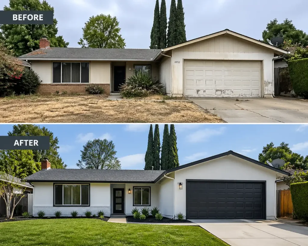 before and after of a hayward ca ranch style house renovation sold as is to a local cash home buyer R&H Distressed Properties