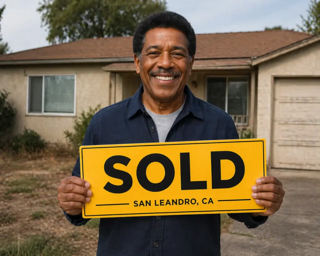 African American man holding a yellow sold sign in front of a dated house in San Leandro California after selling his home for cash. Sell my house fast San Leandro