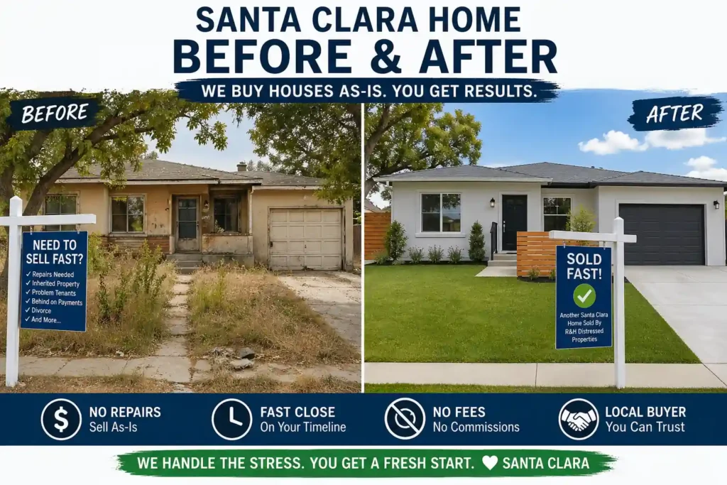 before and after of a santa clara ca house sold as is to a cash home buyer showing full home transformation and quick sale