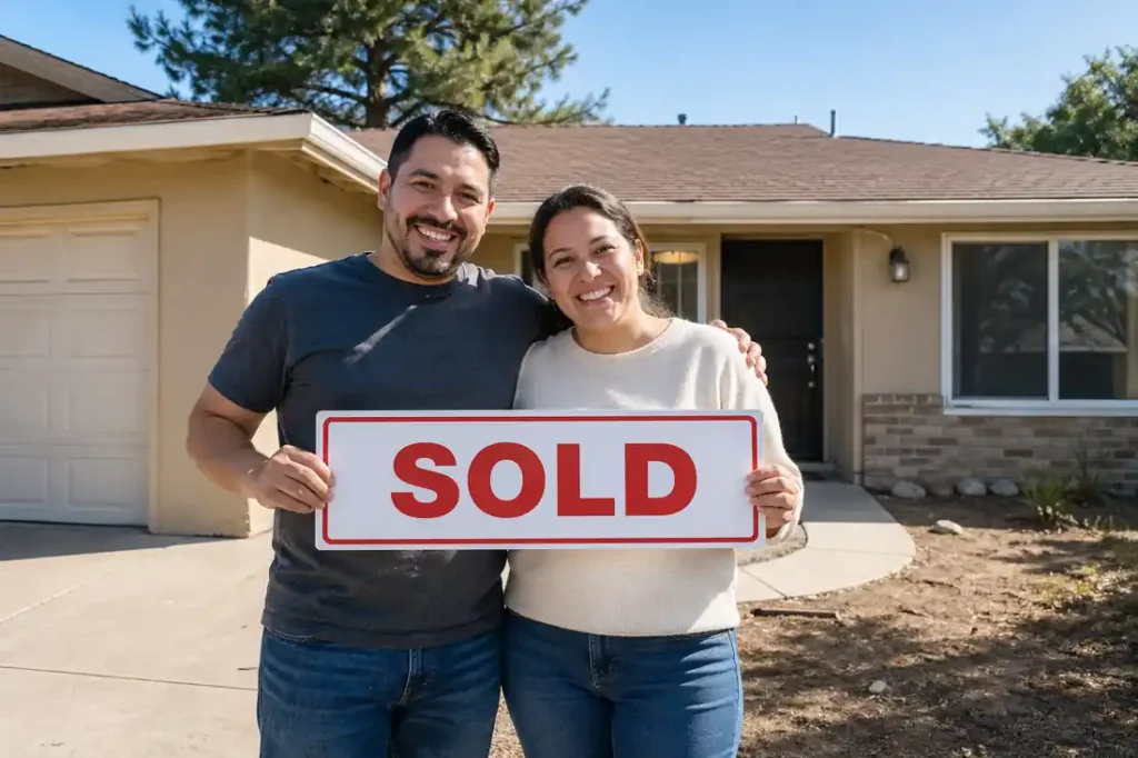 happy couple holding sold sign after selling house fast in North Highlands CA as is without repairs or agent fees