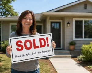 happy homeowner in Novato CA holding a sold sign after selling house fast for cash in front of a clean suburban home