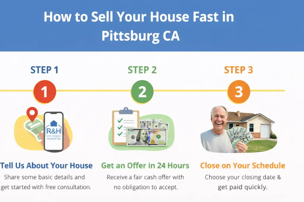 3 step infographic showing how to sell your house fast in Pittsburg CA, including getting a cash offer, choosing your closing date, and closing quickly without repairs or fees, we buy houses for cash