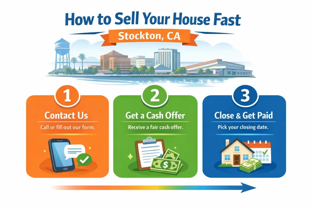 3 step infographic showing how to sell your house fast in Stockton CA, including getting a cash offer, choosing your closing date, and closing quickly without repairs or fees. We buy houses.