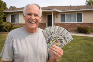 happy older homeowner in Stockton CA holding cash after selling house fast, standing in front of a dated ranch style home, representing we buy houses for cash.