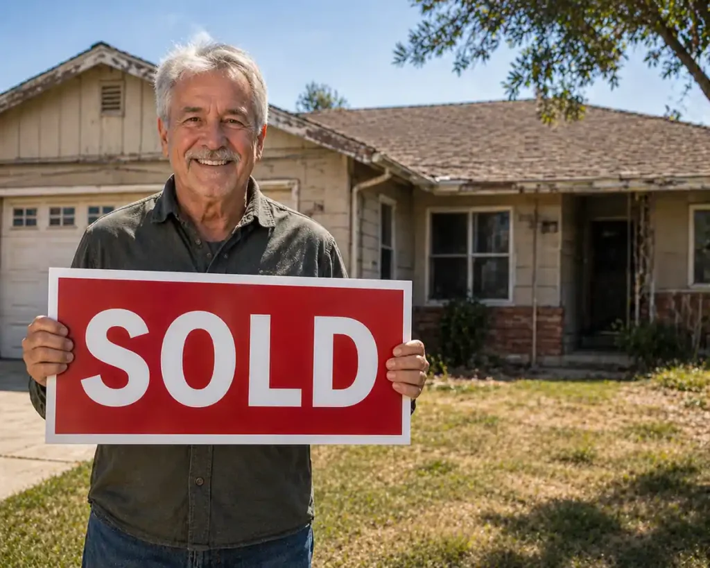 Sell my house fast Vacaville CA example with happy homeowner holding sold sign in front of older home