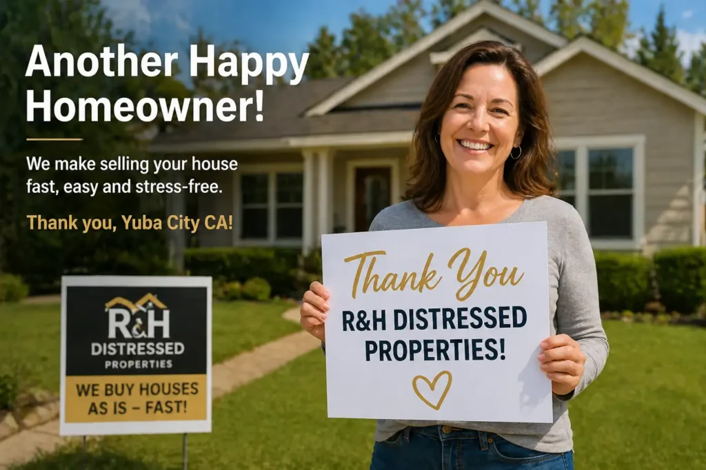 Happy homeowner in front of a house in Yuba City CA after selling their home fast to a local we buy houses company
